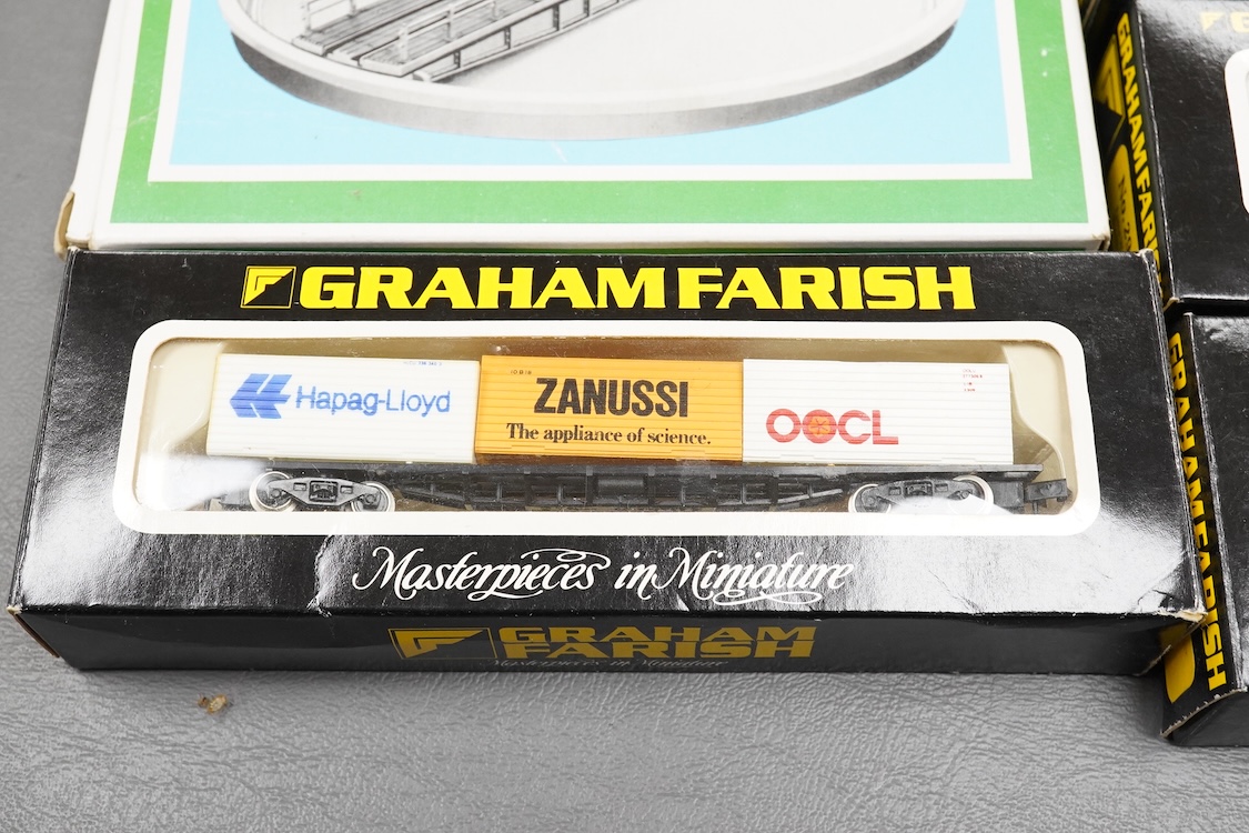 Thirteen N gauge railway by Graham Farish, etc., including two locomotives; a BR Class 4 0-6-0 tender locomotive, 4232, and an LMS 0-6-0T locomotive, 16389, together with two bogie coaches, eight freight wagons, and a Pe